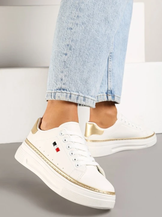 Zdjęcie produktu Biało-Beżowe Sznurowane Sneakersy na Płaskiej Podeszwie z Lamówką Fedat