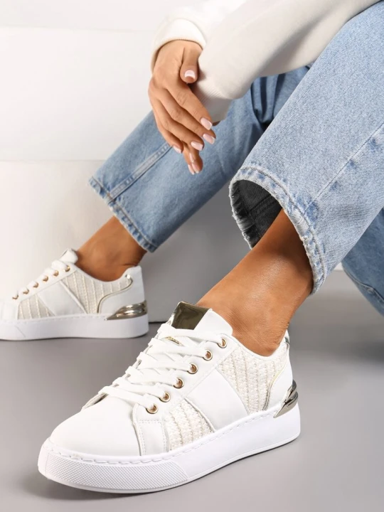 Zdjęcie produktu Biało-Beżowe Sznurowane Sneakersy z Ekoskóry z Plecionką i Metaliczną Wstawką Josephina