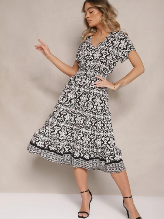 Zdjęcie produktu Biało-Czarna Rozkloszowana Sukienka z Bawełny w Print Paisley Lanarisa Defox