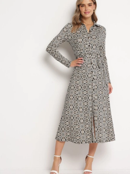 Zdjęcie produktu Biało-Czarna Taliowana Sukienka Maxi z Materiałowym Paskiem w Geometryczny Print Filint By Swan