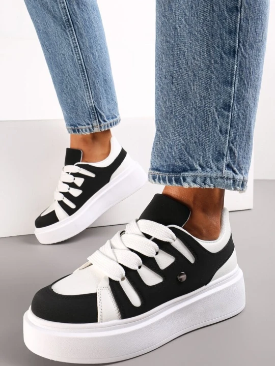 Zdjęcie produktu Biało-Czarne Sneakersy na Grubej Podeszwie przed Kostkę Alisis