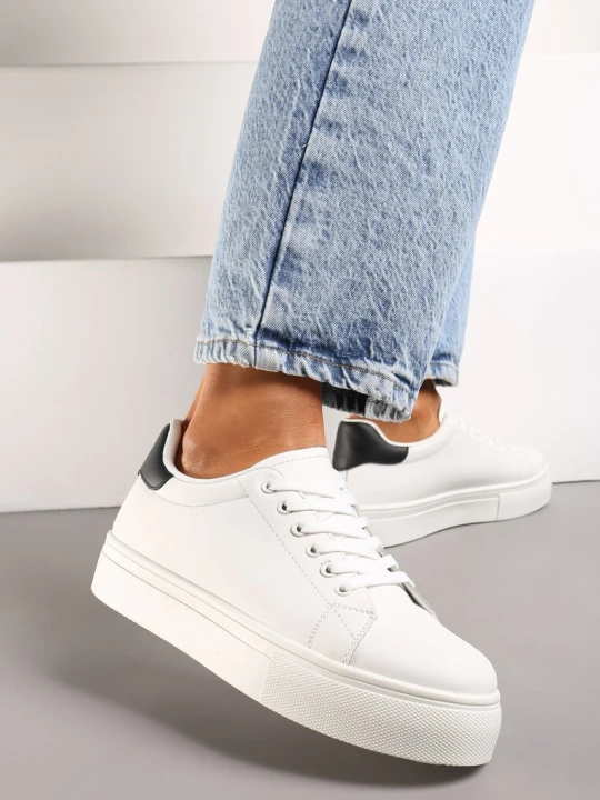 Zdjęcie produktu Biało-Czarne Sneakersy na Grubej Podeszwie przed Kostkę Ramnutia