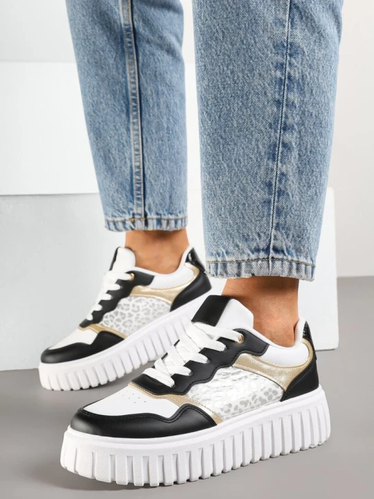 Zdjęcie produktu Biało-Czarne Sneakersy na Grubej Tłoczonej Podeszwie z Perforacją i Panterką Odivila Renda