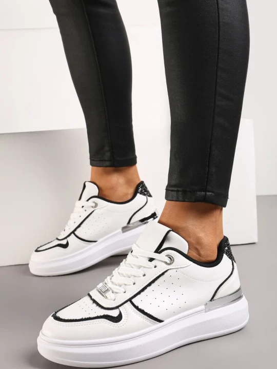 Zdjęcie produktu Biało-Czarne Sneakersy na Niskiej Platformie z Brokatowymi i Metalicznymi Wstawkami Limexa