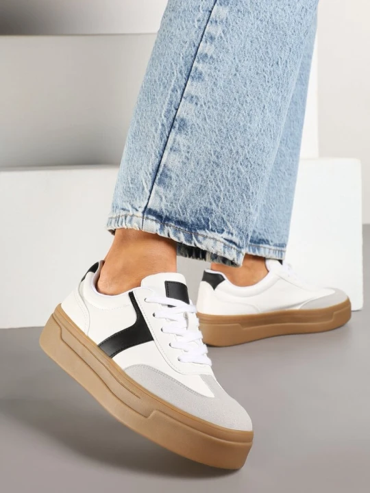 Zdjęcie produktu Biało-Czarne Sneakersy Typu Klasyczne Tenisówki na Grubej Podeszwie Hanistra