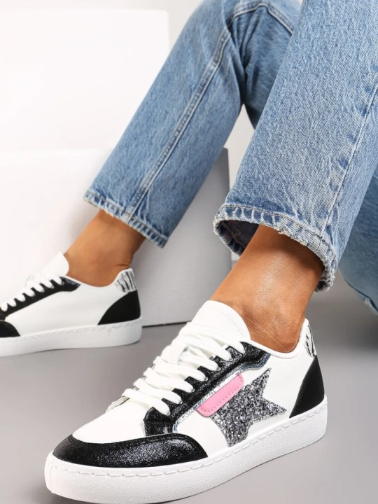 Zdjęcie produktu Biało-Czarne Sneakersy z Brokatowymi Wstawkami i Gwiazdką Reniva