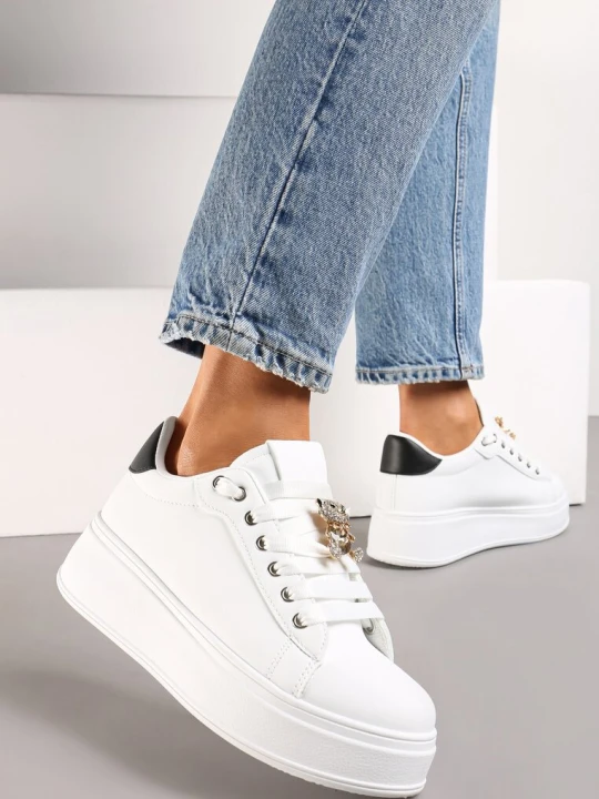 Zdjęcie produktu Biało-Czarne Sneakersy z Imitacji Skóry na Platformie z Ozdobą z Cyrkonii Imbercca
