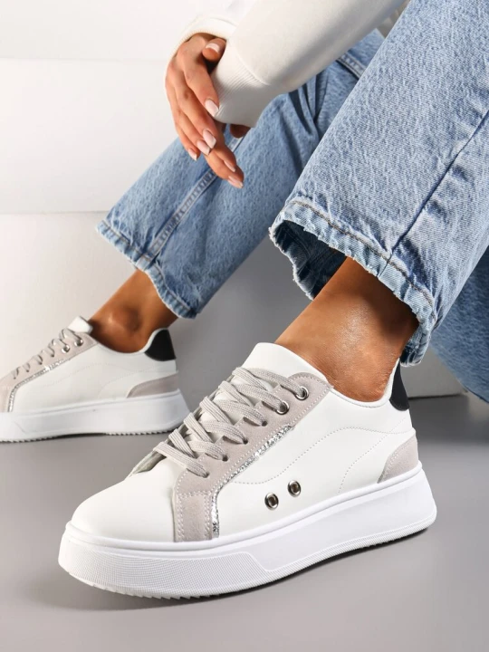 Zdjęcie produktu Biało-Szaro Sneakersy z Metalicznymi Wstawkami na Grubej Podeszwie Amoone