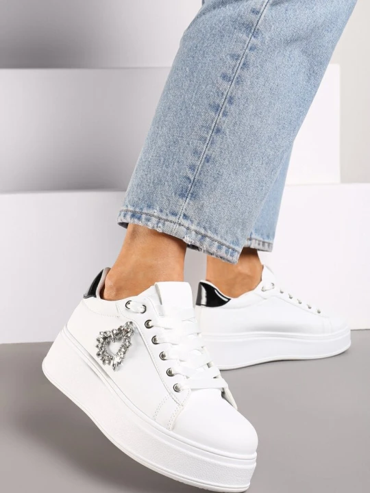 Zdjęcie produktu Biało-Czarne Sznurowane Sneakersy na Grubej Podeszwie Ozdobione Cyrkoniami Elivira