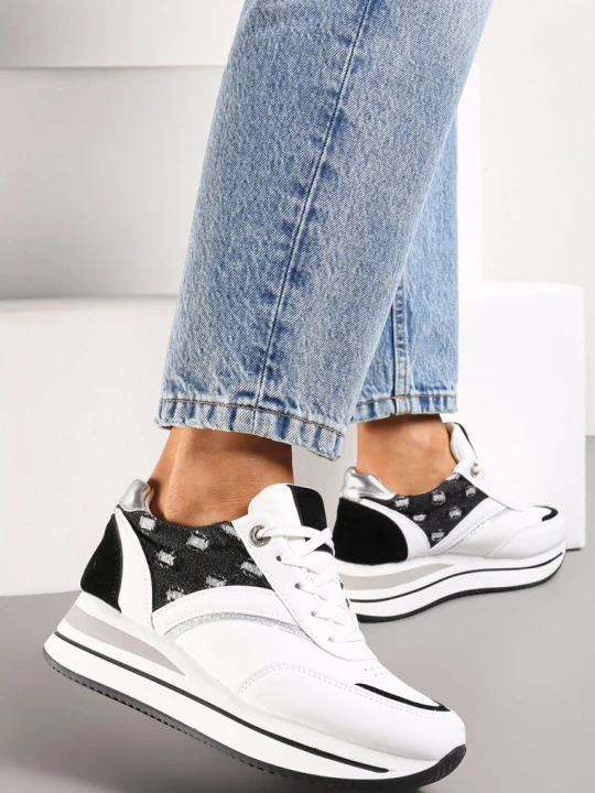 Zdjęcie produktu Biało-Czarne Sznurowane Sneakersy z Ekoskóry z Błyszczącymi Wstawkami Fiviara