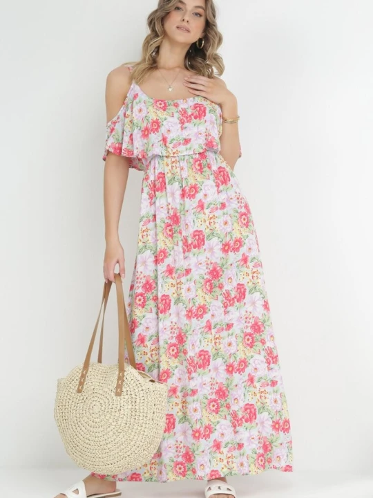 Zdjęcie produktu Biało-Czerwona Sukienka Bawełniana w Kwiaty z Falbanką Janellie R&f Fashion