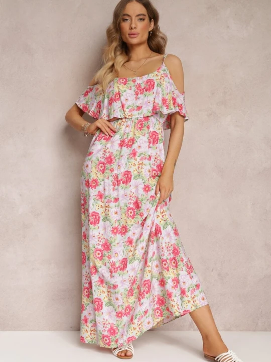 Zdjęcie produktu Biało-Czerwona Sukienka Maxi Bawełniana w Kwiaty z Falbanką Saranna R&f Fashion
