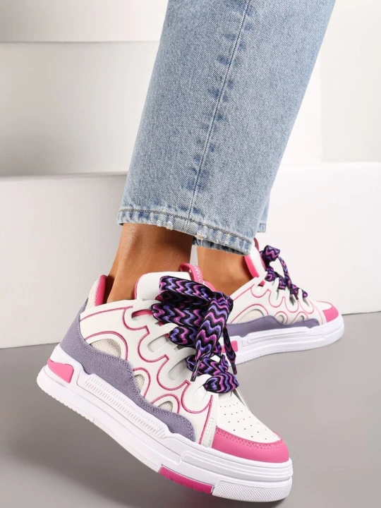 Zdjęcie produktu Biało-Fuksjowe Sneakersy na Grubej Podeszwie z Ozdobnymi Sznurówkami Theist