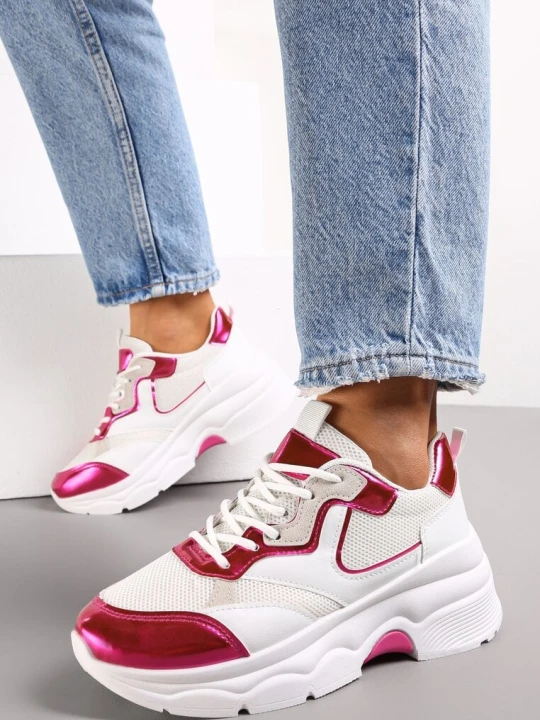 Zdjęcie produktu Biało-Fuksjowe Sneakersy na Grubej Podeszwie ze Wstawkami z Perforacją Lanya