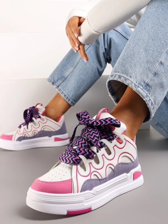 Zdjęcie produktu Biało-Fuksjowe Sneakersy na Platformie z Grubymi Kolorowymi Sznurówkami Adrianu