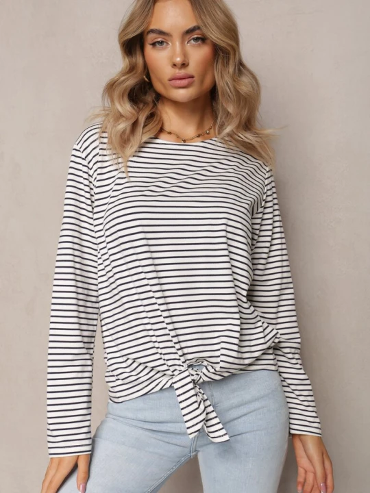 Zdjęcie produktu Biało-Granatowa Bawełniana Bluzka z Wiązaniem na Dole Bettine Italy Moda