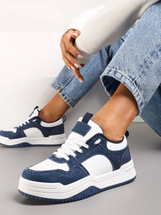 Zdjęcie produktu Biało-Granatowe Sneakersy na Grubej Podeszwie z Cholewką Przed Kostkę Alriel