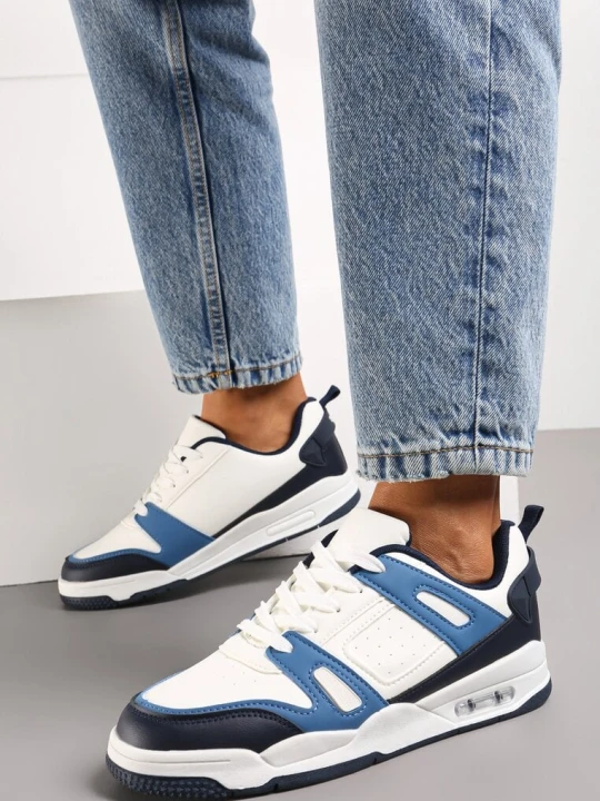 Zdjęcie produktu Biało-Granatowe Sneakersy Sportowe ze Wstawkami z Ekoskóry Isadona