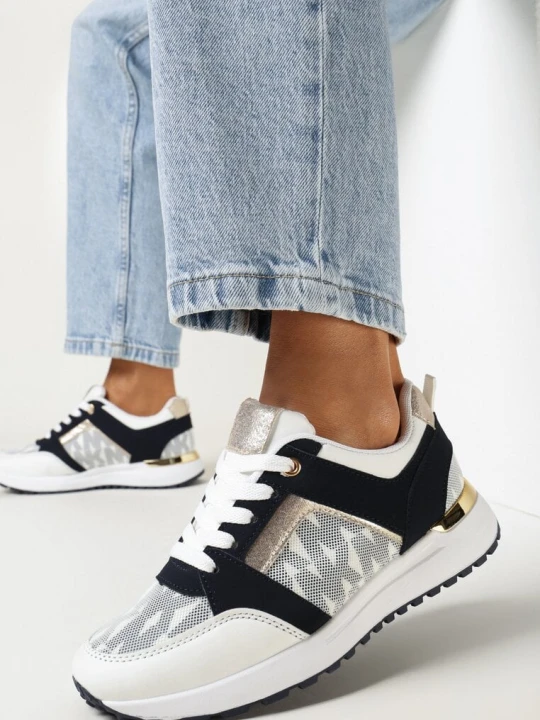 Zdjęcie produktu Biało-Granatowe Sneakersy z Ozdobnym Nadrukiem Melimisia