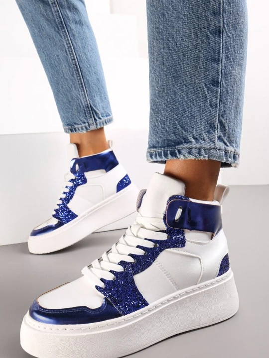 Zdjęcie produktu Biało-Granatowe Sznurowane Sneakersy za Kostkę z Brokatem i Metalicznymi Wstawkami Sareena