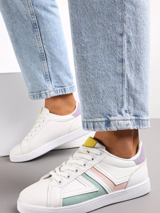 Zdjęcie produktu Biało-Miętowe Sznurowane Sneakersy na Płaskiej Podeszwie z Kolorowymi Wstawkami Karera