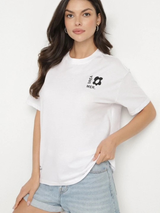 Zdjęcie produktu Biało-Niebieski Bawełniany T-shirt z Napisami Hallena Fresh Made