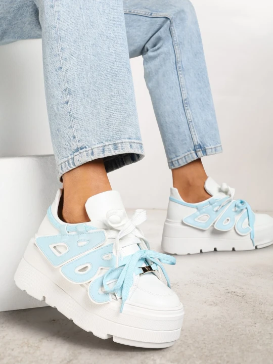 Zdjęcie produktu Biało-Niebieskie Płaskie Sneakersy Vices z Podwójnym Sznurowaniem ze Zdobieniem 3D Nelarissa