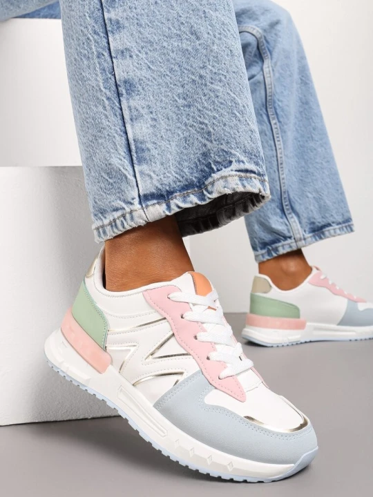Zdjęcie produktu Biało-Niebieskie Płaskie Sneakersy ze Sznurowaniem z Metalicznymi Wstawkami Remarie