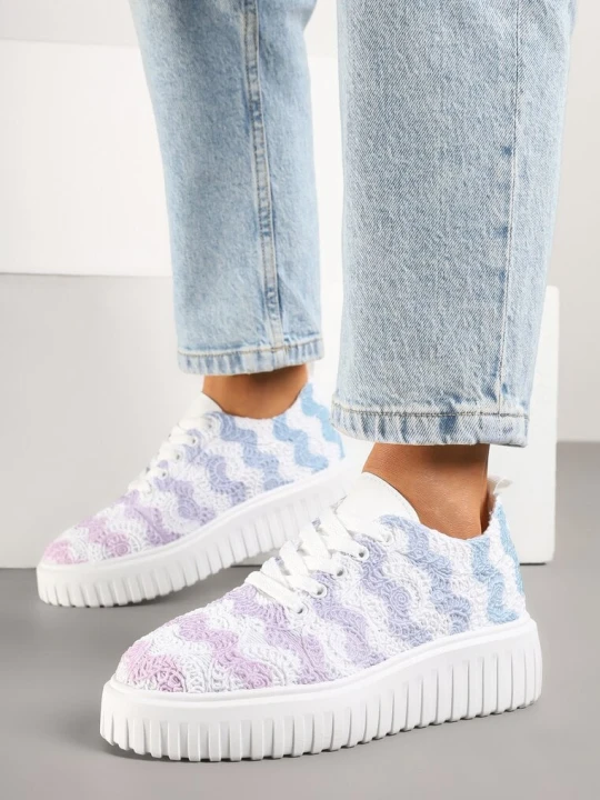 Zdjęcie produktu Biało-Niebieskie Sneakersy na Grubej Podeszwie z Ażurową Cholewką Ellisene Renda