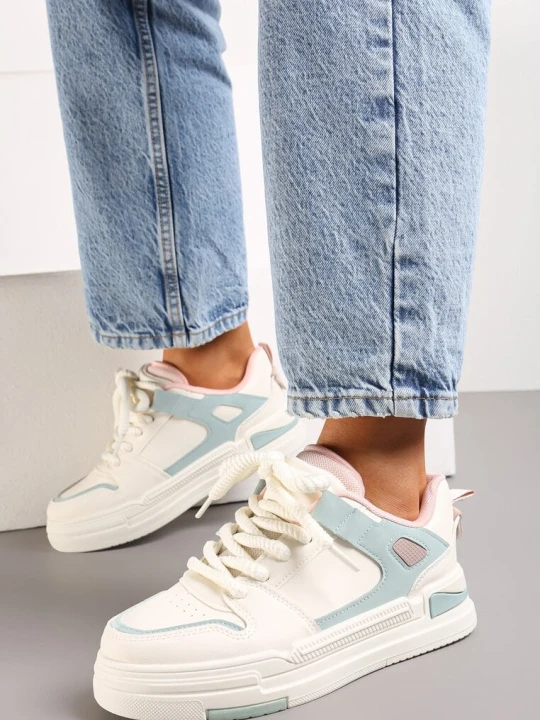 Zdjęcie produktu Biało-Niebieskie Sneakersy na Grubej Podeszwie z Podwójnym Językiem i Grubymi Sznurówkami Grabeila