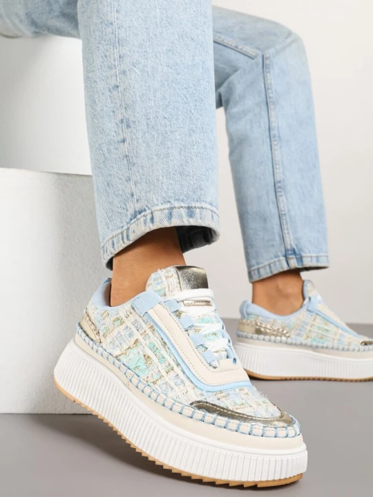 Zdjęcie produktu Biało-Niebieskie Sneakersy na Grubej Podeszwie Zdobione Tweedem i Przeszyciami Ulamoriela