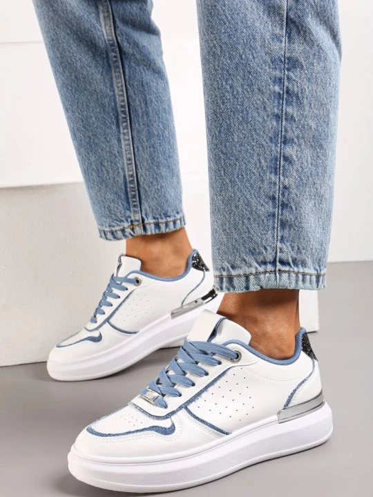 Zdjęcie produktu Biało-Niebieskie Sneakersy na Niskiej Platformie z Brokatowymi i Metalicznymi Wstawkami Limexa