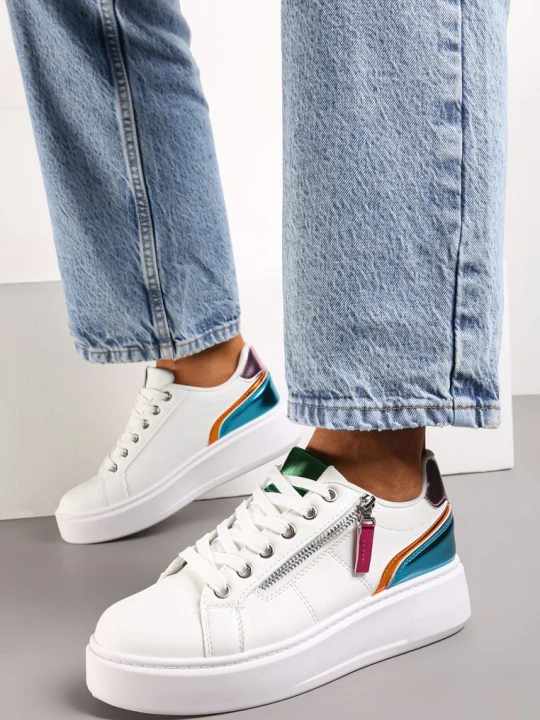 Zdjęcie produktu Biało-Niebieskie Sneakersy na Platformie Ozdobione Suwakami Halimedia