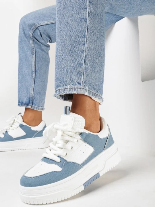 Zdjęcie produktu Biało-Niebieskie Sneakersy na Platformie z Szerokimi Sznurówkami Ferinal
