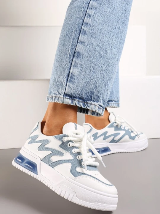Zdjęcie produktu Biało-Niebieskie Sneakersy na Podeszwie z Ozdobną Wstawką i Szerokimi Sznurówkami Linnae