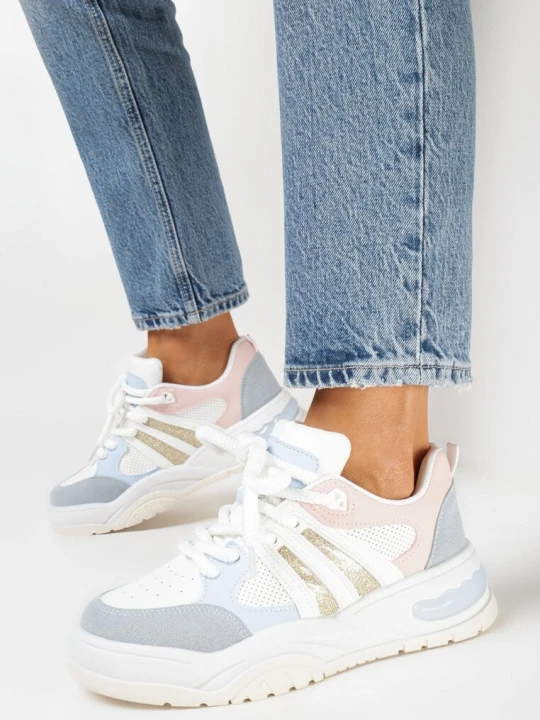 Zdjęcie produktu Biało-Niebieskie Sneakersy z Brokatem i Perforacją Kimelle