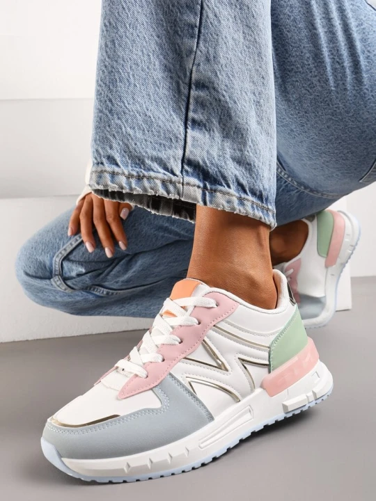 Zdjęcie produktu Biało-Niebieskie Sznurowane Sneakersy na Płaskiej Podeszwie z Metalicznym Wykończeniem Vivamarie
