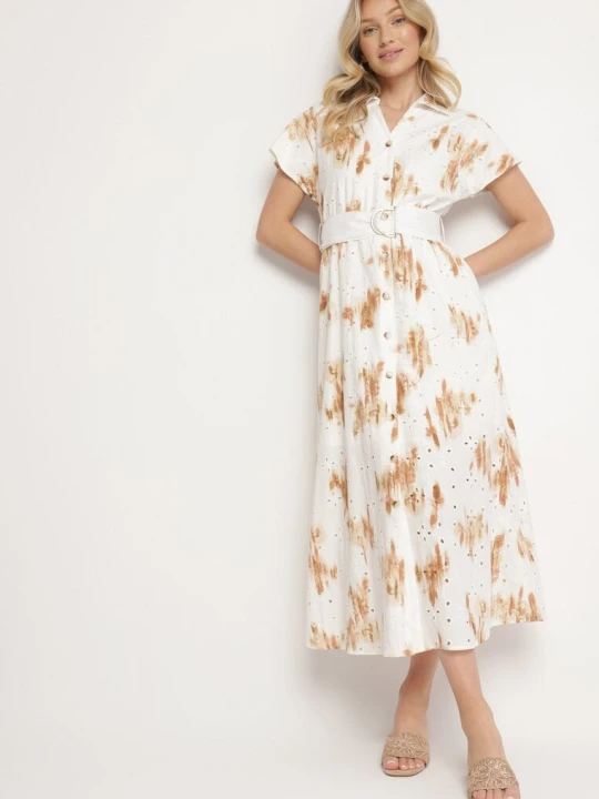 Zdjęcie produktu Biało-Pomarańczowa Ażurowa Sukienka z Bawełny o Koszulowym Kroju z Paskiem Melpio M&d Fashion