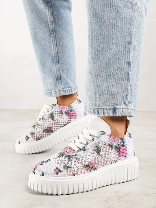 Zdjęcie produktu Biało-Różowe Ażurowe Sneakersy Vices na Grubej Podeszwie z Tłoczeniem Luminise