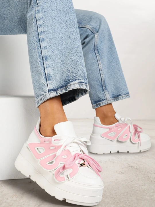 Zdjęcie produktu Biało-Różowe Płaskie Sneakersy Vices z Podwójnym Sznurowaniem ze Zdobieniem 3D Nelarissa