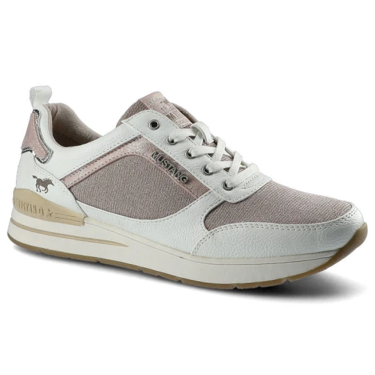 Zdjęcie produktu Sneakersy damskie Mustang, wykonane z połączenia materiału tekstylnego i syntetycznego z klasycznym sznurowaniem wzmocnioną strefą pięty, biało-różow