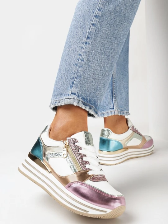 Zdjęcie produktu Biało-Różowe Sneakersy na Grubej Podeszwie z Brokatem i Metalicznymi Wstawkami Aeliss