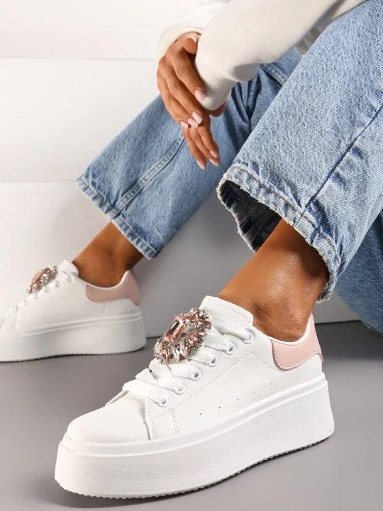 Zdjęcie produktu Biało-Różowe Sneakersy na Grubej Podeszwie z Ozdobną Aplikacją Kamienia Danthia