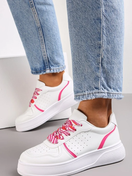 Zdjęcie produktu Biało-Różowe Sneakersy na Grubej Podeszwie z Ozdobnymi Wstawkami i Sznurowadłami Elliette