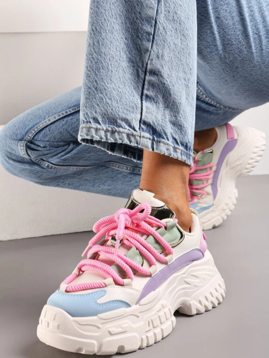 Zdjęcie produktu Biało-Różowe Sneakersy z Grubymi Sznurówkami na Niskiej Platformie Lasandre