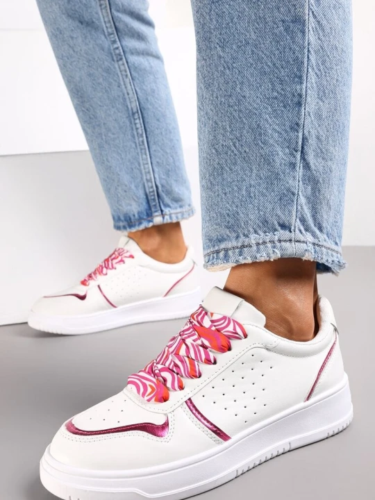 Zdjęcie produktu Biało-Różowe Sneakersy z Kolorowymi Sznurówkami i Metalicznymi Wstawkami Lania