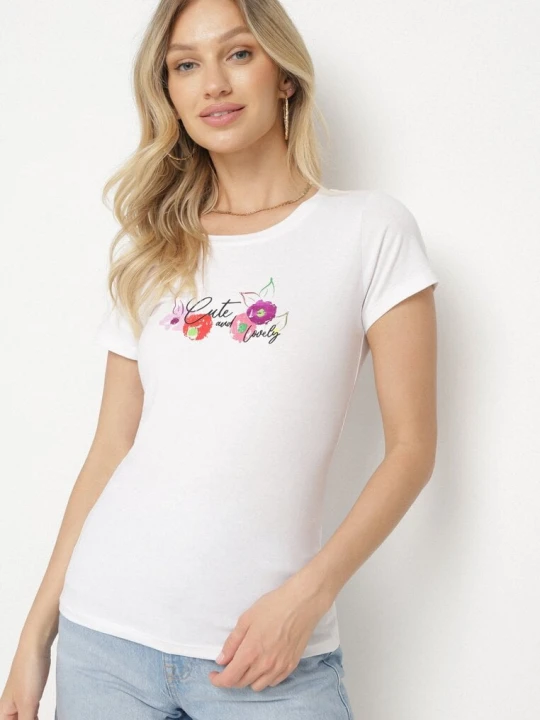 Zdjęcie produktu Biało-Różowy T-shirt z Bawełny z Ozdobnym Nadrukiem Zaromeira Glo-story