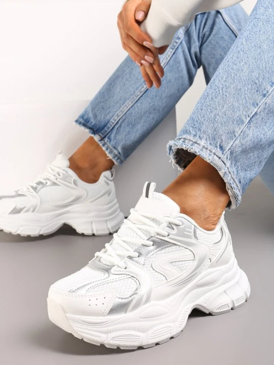 Zdjęcie produktu Biało-Srebrne Sneakersy na Masywnej Podeszwie z Siateczką Kubbia