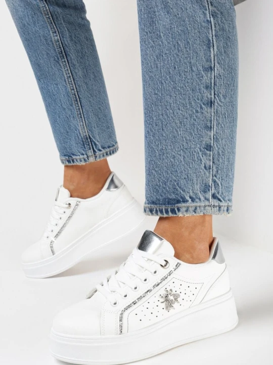 Zdjęcie produktu Biało-Srebrne Sneakersy na Platformie z Brokatowymi Wstawkami Zicoia