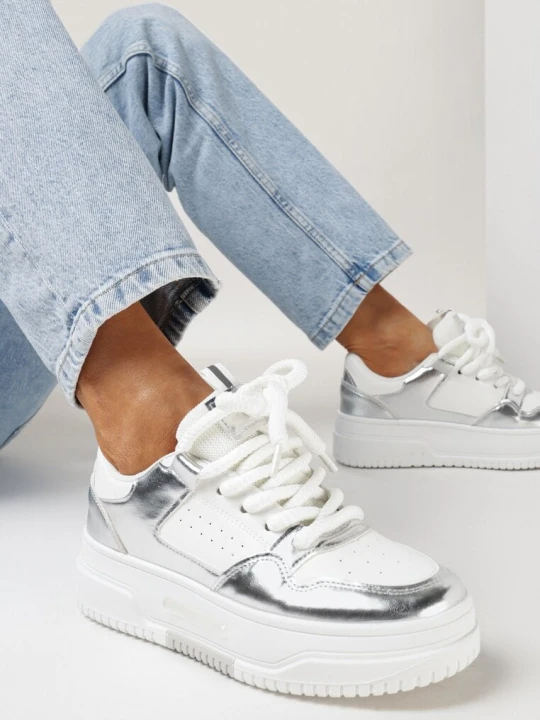 Zdjęcie produktu Biało-Srebrne Sneakersy na Platformie z Szerokimi Sznurówkami Ferinal